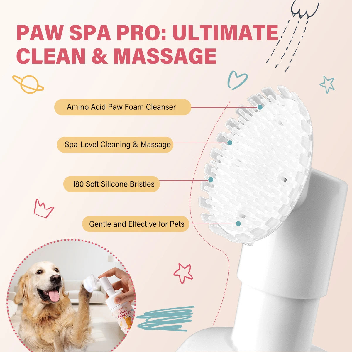 Pet Paw Cleaner Foam - No-Rinse Waterless Gentle Lick-Safe, Plant Extracts Soothing Moisturizing with Soft Brush for Cats Dogs