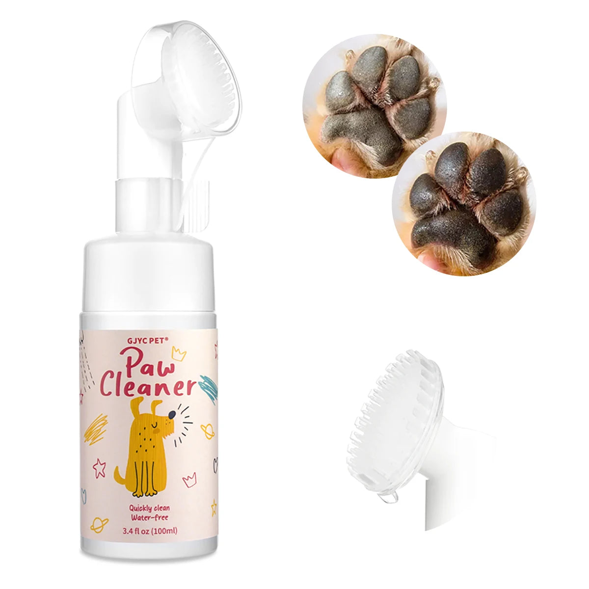 Pet Paw Cleaner Foam - No-Rinse Waterless Gentle Lick-Safe, Plant Extracts Soothing Moisturizing with Soft Brush for Cats Dogs